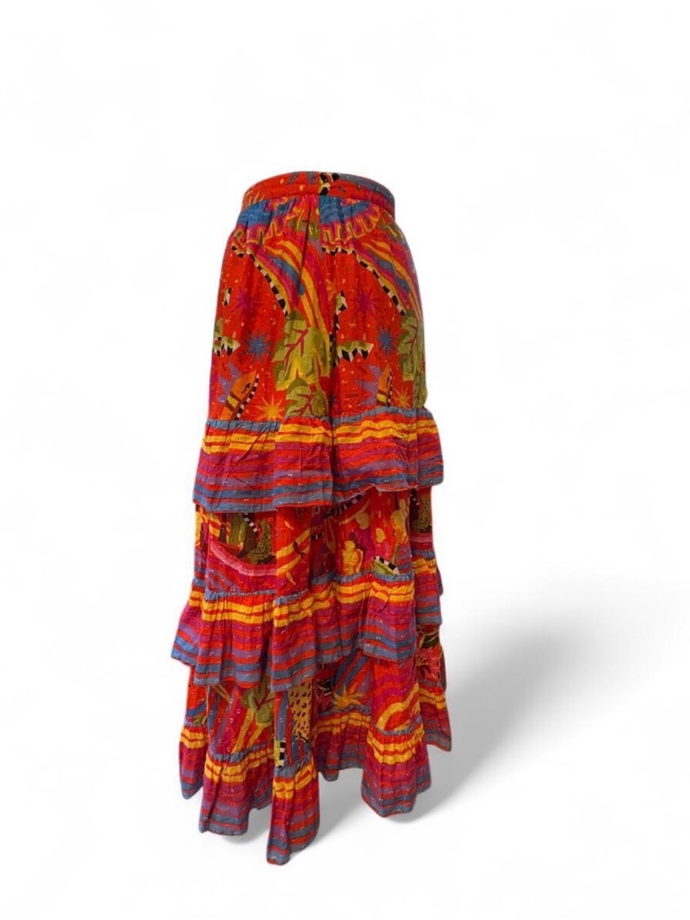 FARM Rio Magic Forest Vibrant Red Tiered Maxi Skirt with Animals Mint Condition!